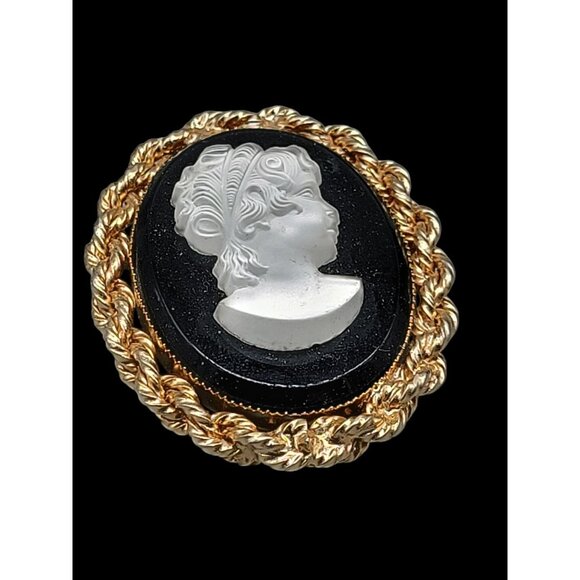Black & Frosted Glass Cameo Brooch Gold Tone Vintage Victorian Lady Pin - Picture 11 of 14